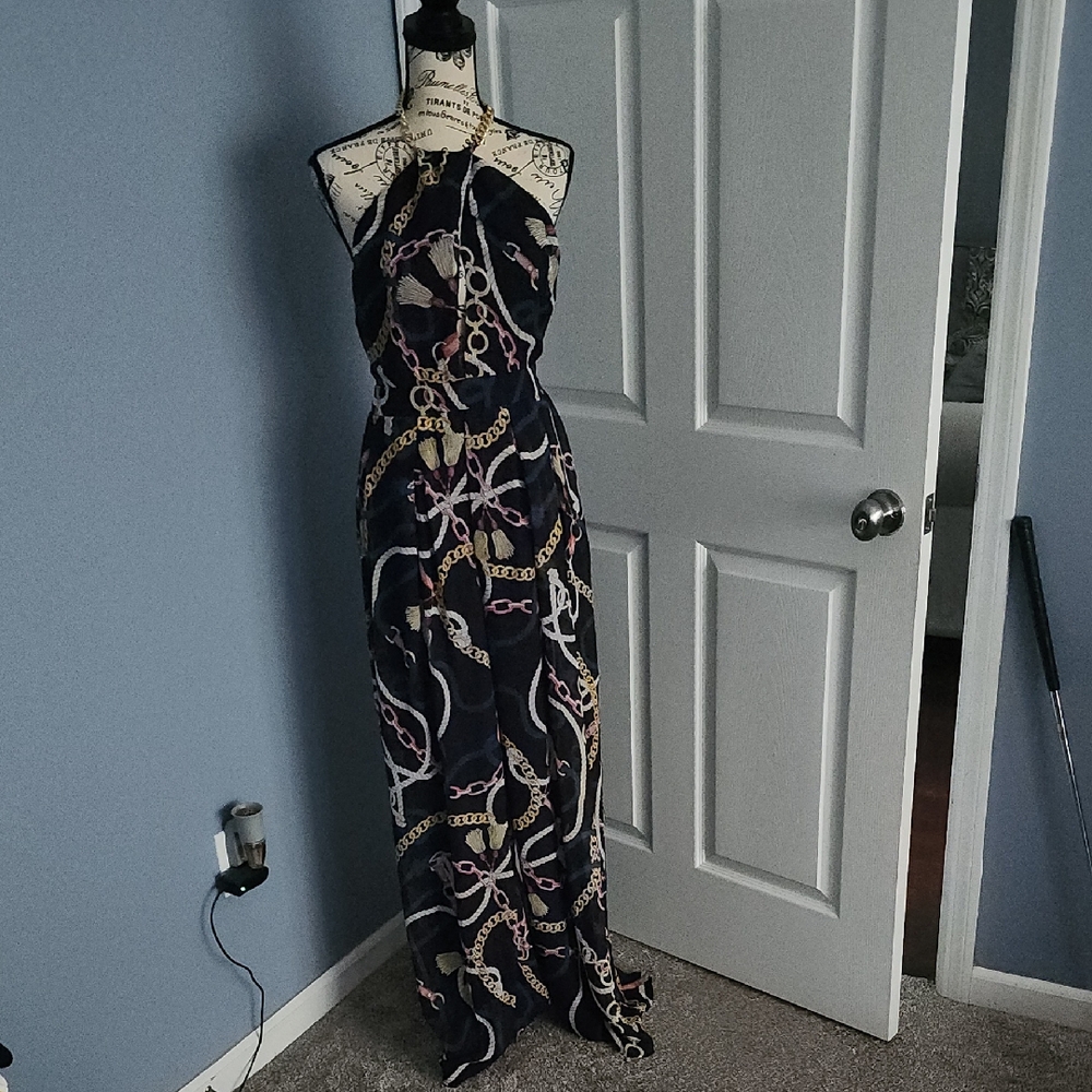 Fashion Nova Black and Gold Chain Print Jumpsuit